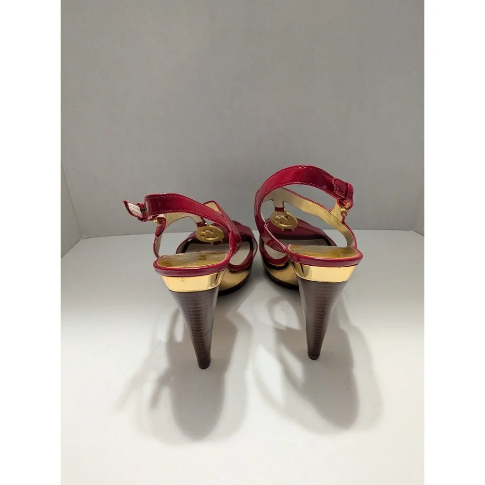 Michael Kors Red Patent Leather MK Logo T-Strap Platform Sandals Heels 8M